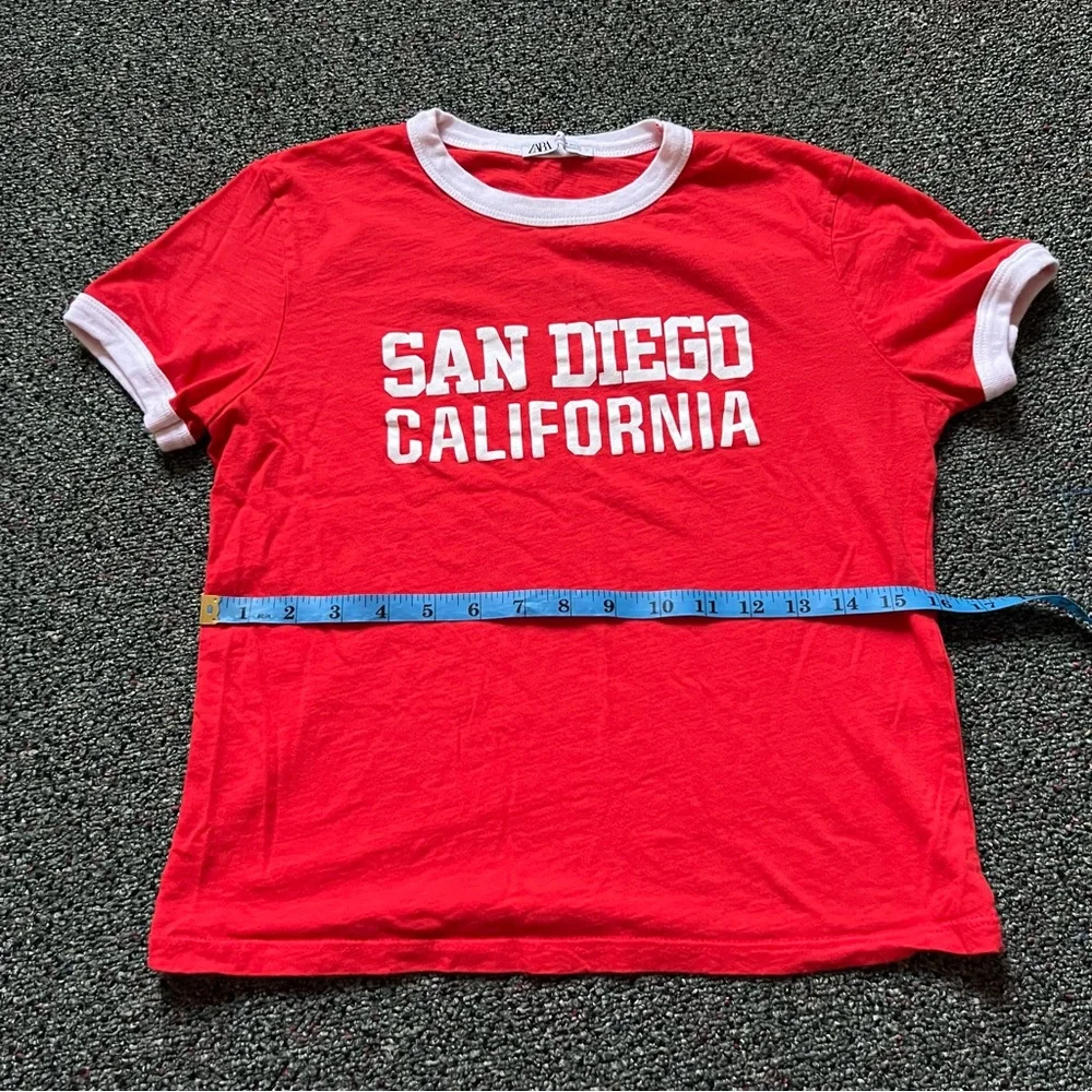 ZARA Red & White Varsity Baseball Graphic Short-Sleeve Ringer T-Shirt Shirt sz M - Picture 11 of 16